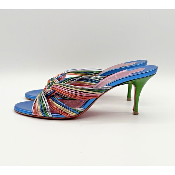 Christian Louboutin Blue & Pink Mettalic Mules Multitaski 70mm Sandals Sz 37 - Picture 6 of 13